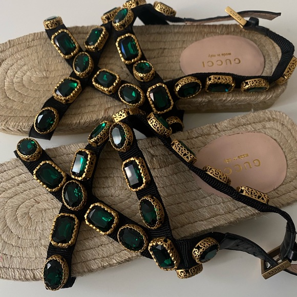 Gucci Grosgrain Espadrille Sandal with Green Crystal - Picture 3 of 5